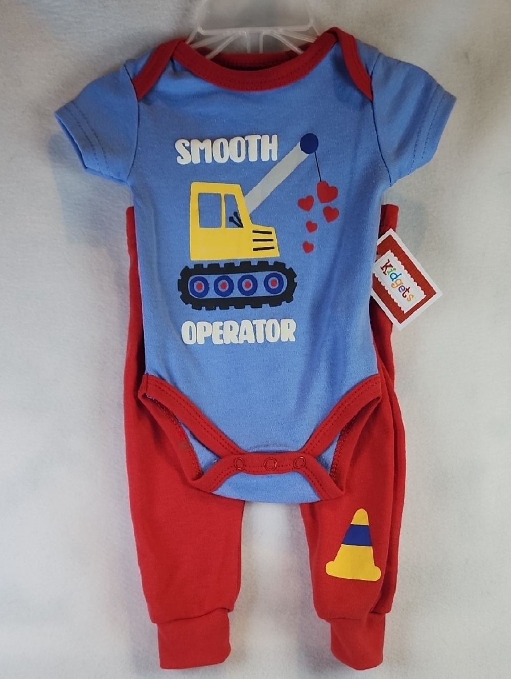 Kidgets Blue and Red Baby Onsie Bodysuit Set with Excavator Graphic